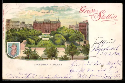 Lithographie Stettin, Rathaus aus der Vogelschau, Wappen