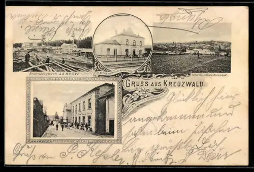 AK Kreuzwald, Restaurant zur Post, Kohlenbergwerk La Houve, Bahnofsgebäude
