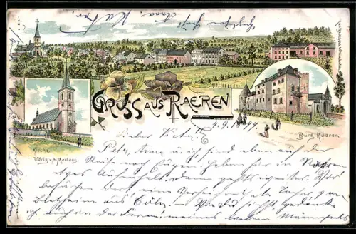 Lithographie Raeren, Burg Raeren, Kirche, Ortspanorama
