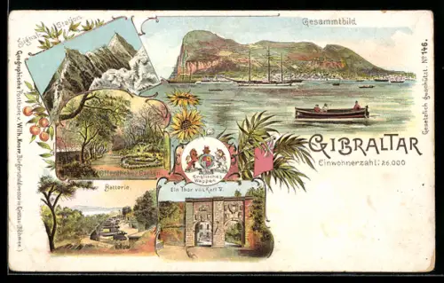 Lithographie Gibraltar, Totalansicht mit Batterie, öffentlichem Garten und Tor von Karl V.