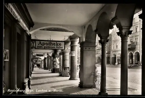 AK Marienburg / Malbork, Lauben am Markt & Apotheke zum goldenen Adler