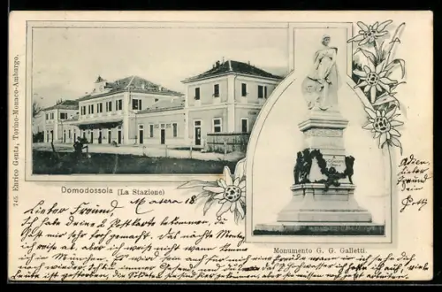 AK Domodossola, La Stazione, Monumento G. G. Galletti