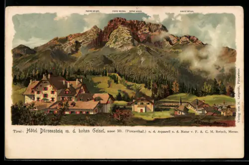 Künstler-AK F.A.C.M. Reisch: Plätzwiese, Hotel Dürrenstein mit dem hohen Geisel