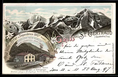 Lithographie St. Gertraud i. Suldental, Post-Hôtel zum Ortler mit Depandance, Königsspitze und Ortler