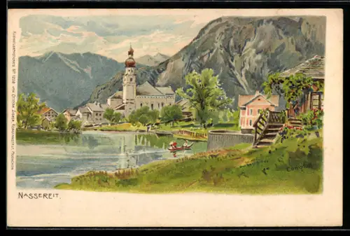 Künstler-Lithographie Edward Theodore Compton: Nassereith, Blick zum Ort, Ruderboot