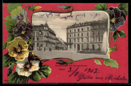 Passepartout-AK Basel, Aeschenplatz mit Springbrunnen