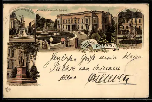 Lithographie Posen, General-Commando Gebäude, Denkmal Kaiser Wilhelm I, Brunnen a. d. Königsplatz