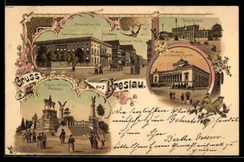 Lithographie Breslau, Königl. Schloss, Kaiser-Wilhelm Denkmal, Stadttheater