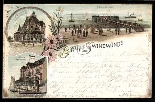 Lithographie Swinemünde, Landungsbrücke, W. Treplow`s Weinrestaurant, Weber`s Restaurant