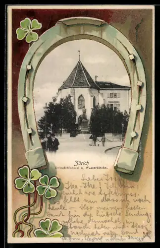 Passepartout-AK Zürich, Zwinglidenkmal und Wasserkirche im Hufeisen