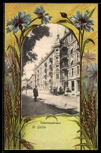 AK St. Gallen, Blick in die Rosenbergstrasse, Passepartout mit Kornblumen