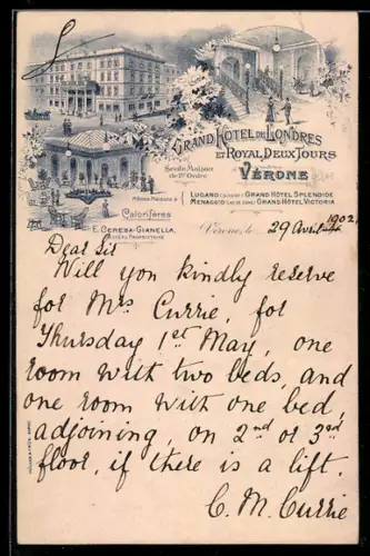 Lithographie Verona, Grand Hotel de Londres et Royal Deux Tours