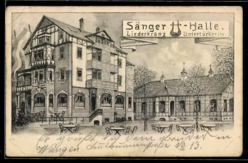 Lithographie Untertürkheim, Gasthaus Sängerhalle mit Garten, Liederkranz Untertürkheim