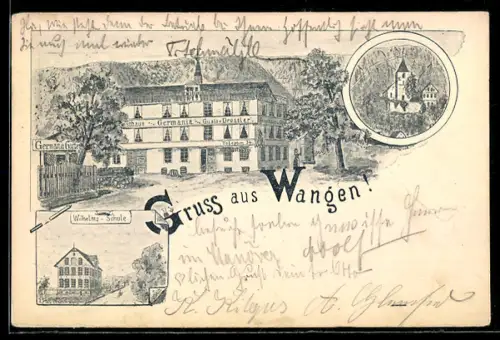 Lithographie Wangen / Untertürkheim, Gasthaus Germania von Gustav Dressler, Wilhelms-Schule