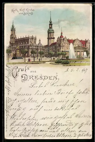 Lithographie Dresden, Kath. Hof-Kirche und Schloss, beleuchtete Fenster