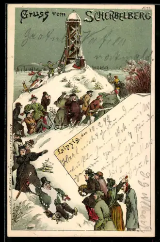 Winter-Lithographie Leipzig, Aussichtsturm auf dem Scherbelberg im Winter
