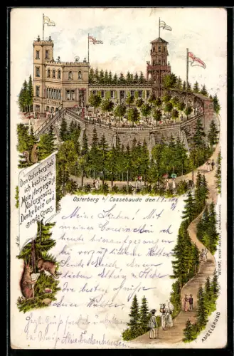 Lithographie Osterberg b. Cossebaude, Hostel Osterberg in der Aussenansicht mit Gästebereich im Freien