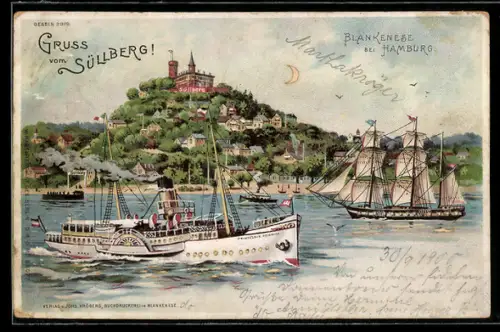 Lithographie Blankenese bei Hamburg, Süllberg, Dampfer und Segelschiffe, Halt gegen das Licht