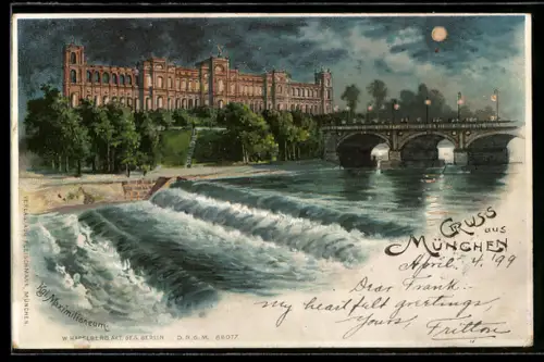 Lithographie München, Maximilianeum, mit Isar-Brücke