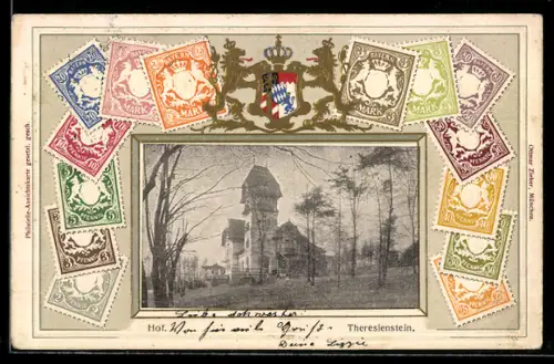 Präge-AK Theresienstein, Partie am Hof mit Briefmarken und Wappen im Passepartout