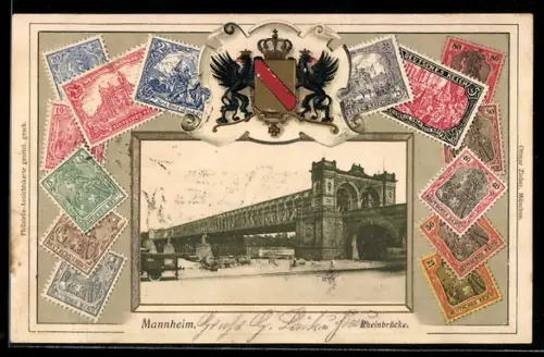 AK Mannheim, Rahmen bestehend aus Briefmarken, Rheinbrücke, Wappen