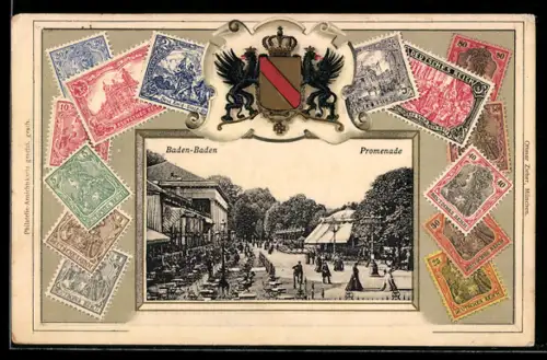 Präge-AK Baden-Baden, Partie an der Promenade mit Gästebereichen, Briefmarken und Wappen im Passepartout