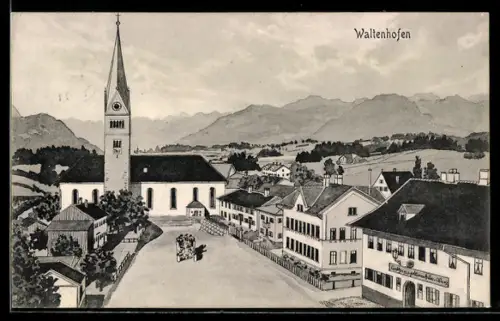 Künstler-AK sign. Hans Pernat: Waltenhofen / Allgäu, Ortspartie mit Kirche und Gasthaus