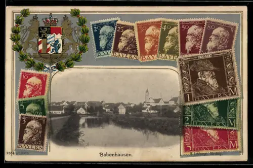 Passepartout-Lithographie Babenhausen, Panorama, Wappen, Briefmarken von Bayern