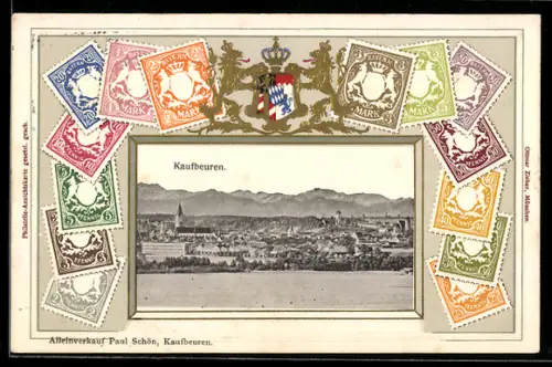 Präge-AK Kaufbeuren, Totalansicht des Ortes, Briefmarken und Wappen im Passepartout