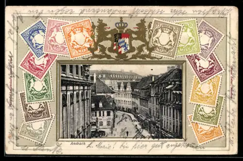 Präge-AK Ansbach, Strassenpartie mit Brunnen, Briefmarken und Wappen im Passepartout