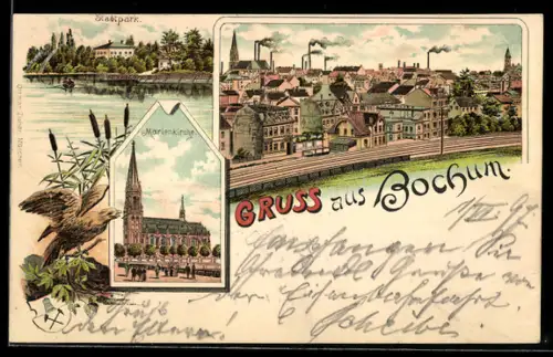 Lithographie Bochum, Teilansicht, Marienkirche, Stadtpark