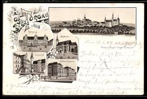 Lithographie Torgau, Totalansicht, Rathaus und Stadtkirche