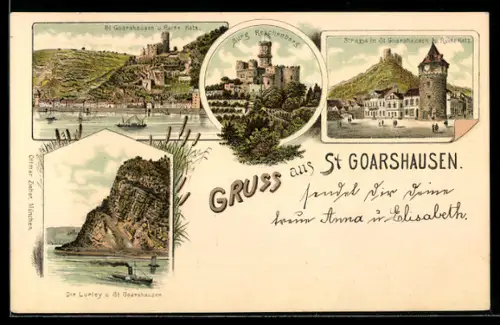 Lithographie St. Goarshausen, Burg Reichenberg, Strassenpartie mit Ruine Katz