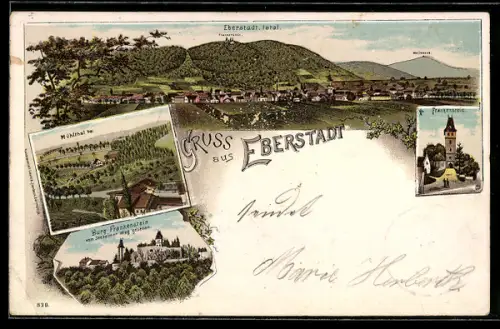 Lithographie Eberstadt, Burg Frankenstein, Mühltal, Ortsansicht