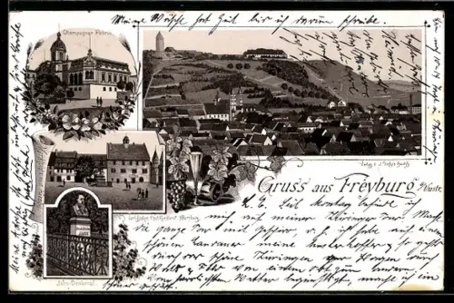 Lithographie Freyburg a. Unstr., Totalansicht, Champagner-Fabrik und Jahn-Denkmal