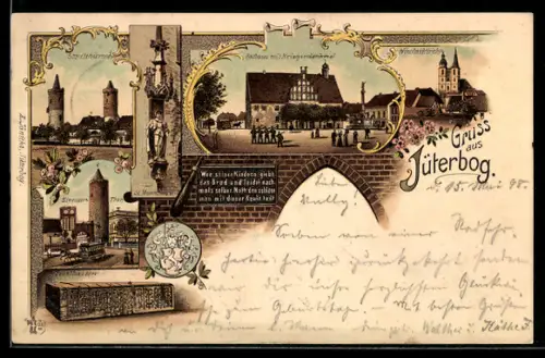 Lithographie Jüterbog, Nicolaikirche, Rathaus & Kriegerdenkmal, Stadtthürme