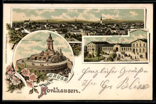 Lithographie Nordhausen, Kaiser-Wilhelm-Denkmal, Bahnhof, Gesamtansicht des Ortes