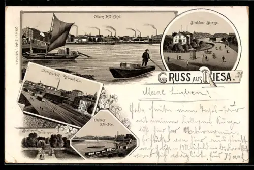 Lithographie Riesa, Oberes Elb-Kai, Dampfschiff-Wartehalle & Stadtpark Freitreppe