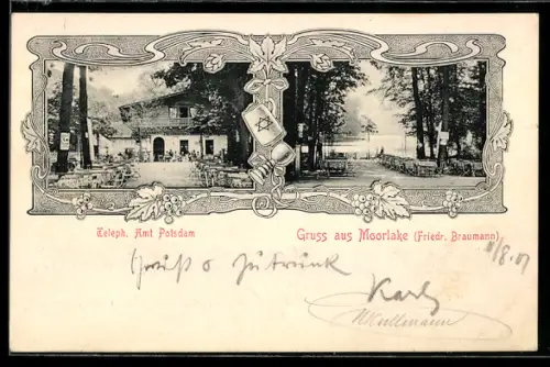 AK Berlin, Gästebereich des Restaurants Moorlake, Inh. Friedr. Braumann, Schoppen mit Davidstern im Passepartout