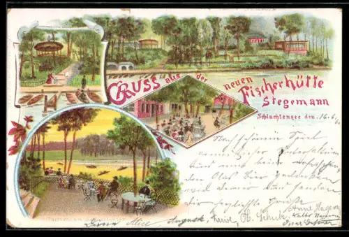 Lithographie Berlin-Schlachtensee, Gasthaus Fischerhütte Stegemann, Terrasse am See