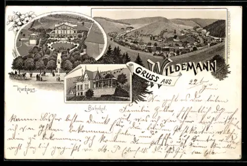 Lithographie Wildemann, Kurhaus, Bahnhof, Talblick