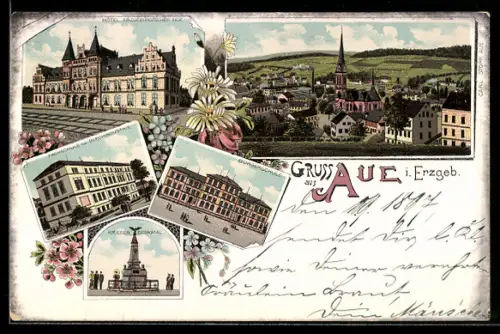 Lithographie Aue, Gesamtansicht, Hotel Erzgebirgischer Hof, Fachschule für Blechindustrie & Bürgerschule