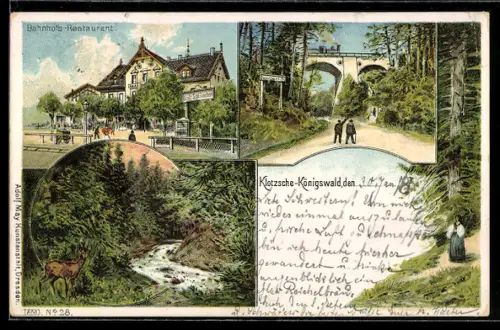 Lithographie Dresden-Klotzsche, Blick auf Bahnhofs-Restaurant und Waldpartie