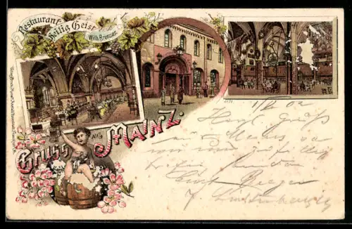 Lithographie Mainz, Restaurant Heilig Geist, Innenansicht