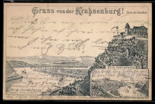Lithographie Andernach, Blicke rheinaufwärts und rheinabwärts mit Station der Zahnradbahn