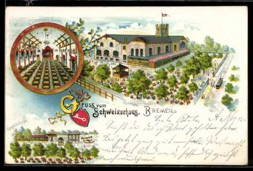 Lithographie Bremen, Aussenansicht des Schweizerhauses, Konzertsaal und Kegelbahnen, Strassenbahn