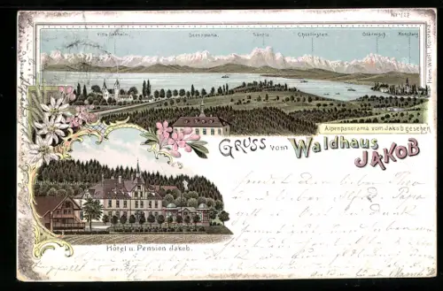 Lithographie Konstanz, Alpenpanorama vom Jakob gesehen & Hotel und Pension Jakob