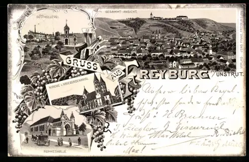 Lithographie Freyburg, Gesamtansicht, Sectkellerei, Kirche und Kriegerdenkmal, Weinreben als Verzierung