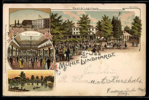 Lithographie Naunhof, Gasthof Mühle Lindhardt mit Ballsaal und Terrasse