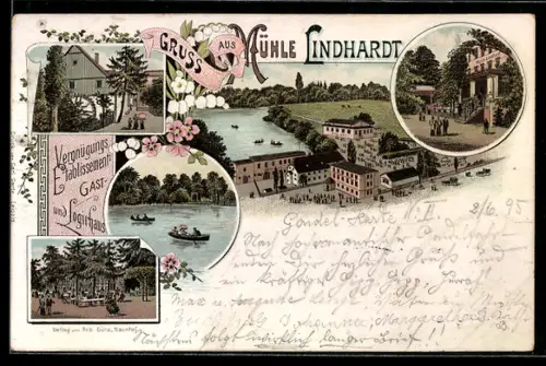 Vorläufer-Lithographie Naunhof /Leipzig, 1895, Gast- und Logierhaus Mühle Lindhardt, Garten, Eingang